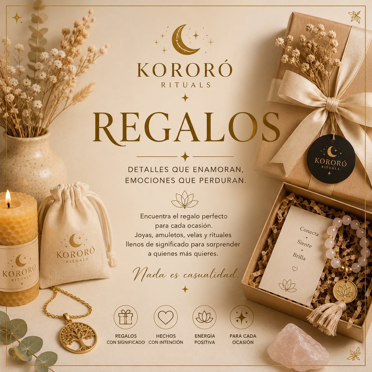 Colección de regalos con significado de Kororó Rituals, con joyas, velas, amuletos y rituales para sorprender en cualquier ocasión especial.