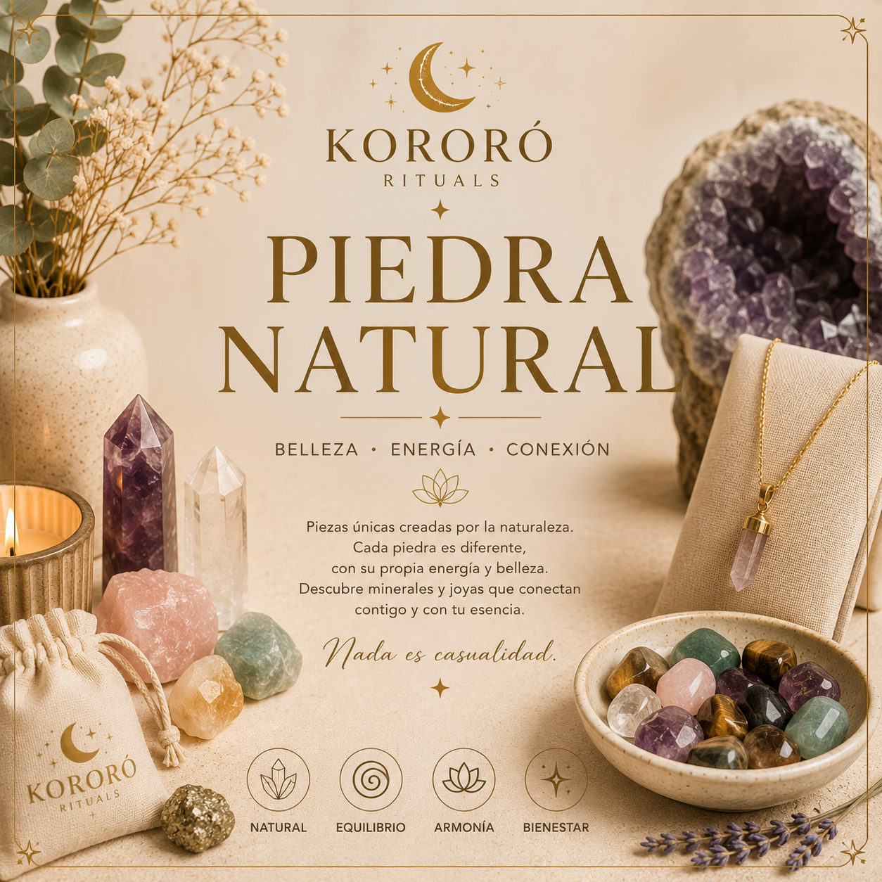 Colección de piedras naturales y minerales de Kororó Rituals con joyas y piezas únicas de origen natural.