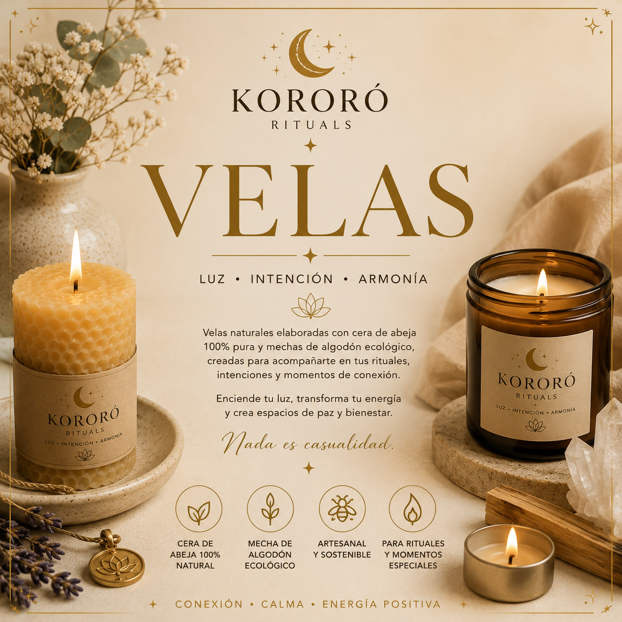 Colección de velas artesanales de cera de abeja 100% natural de Kororó Rituals, elaboradas con mecha de algodón ecológico y diseñadas para crear un ambiente cálido y acogedor.