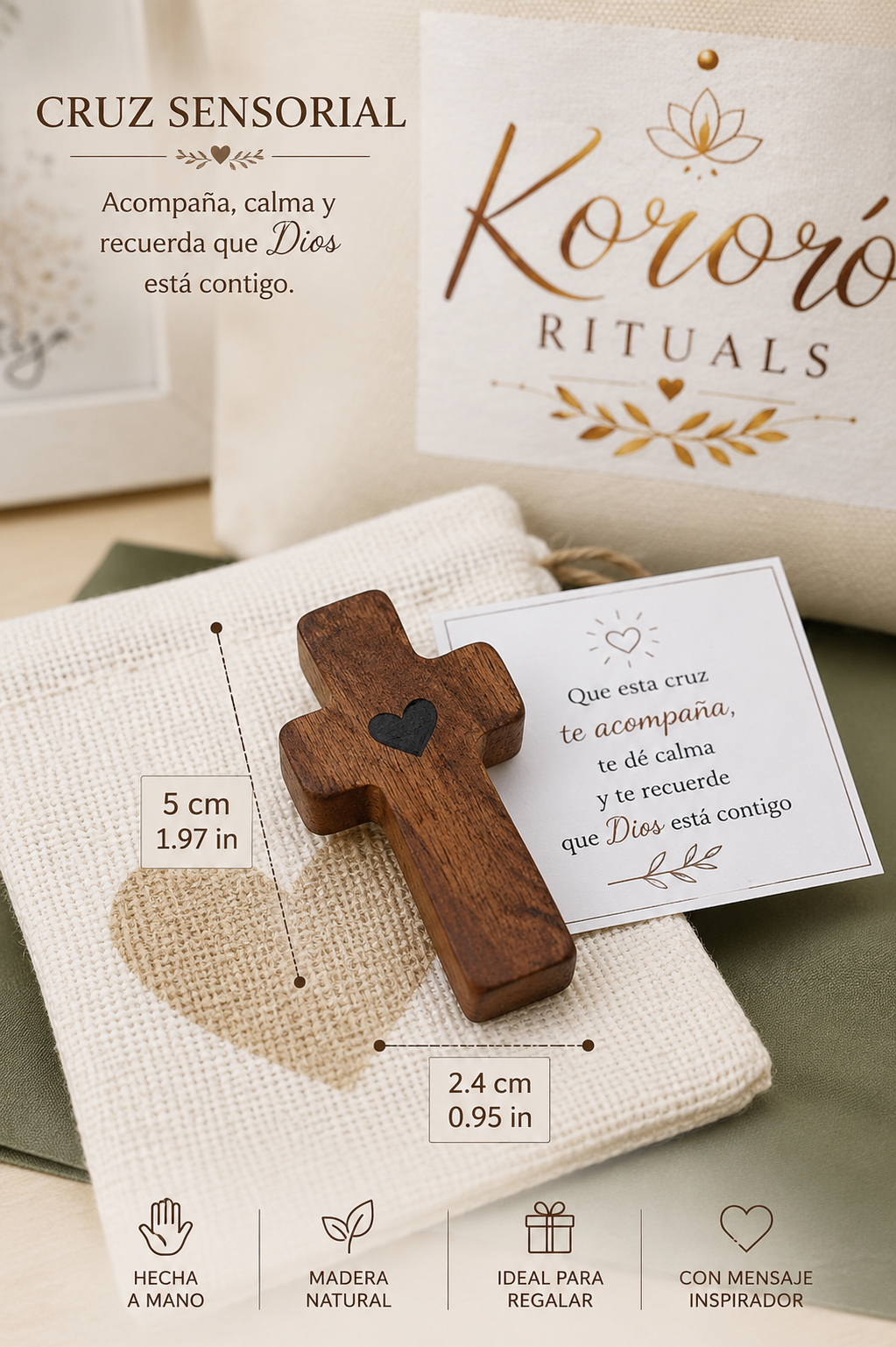 ✝️ Cruz Sensorial de Madera con Bolsita y Tarjeta Inspiradora 🤎