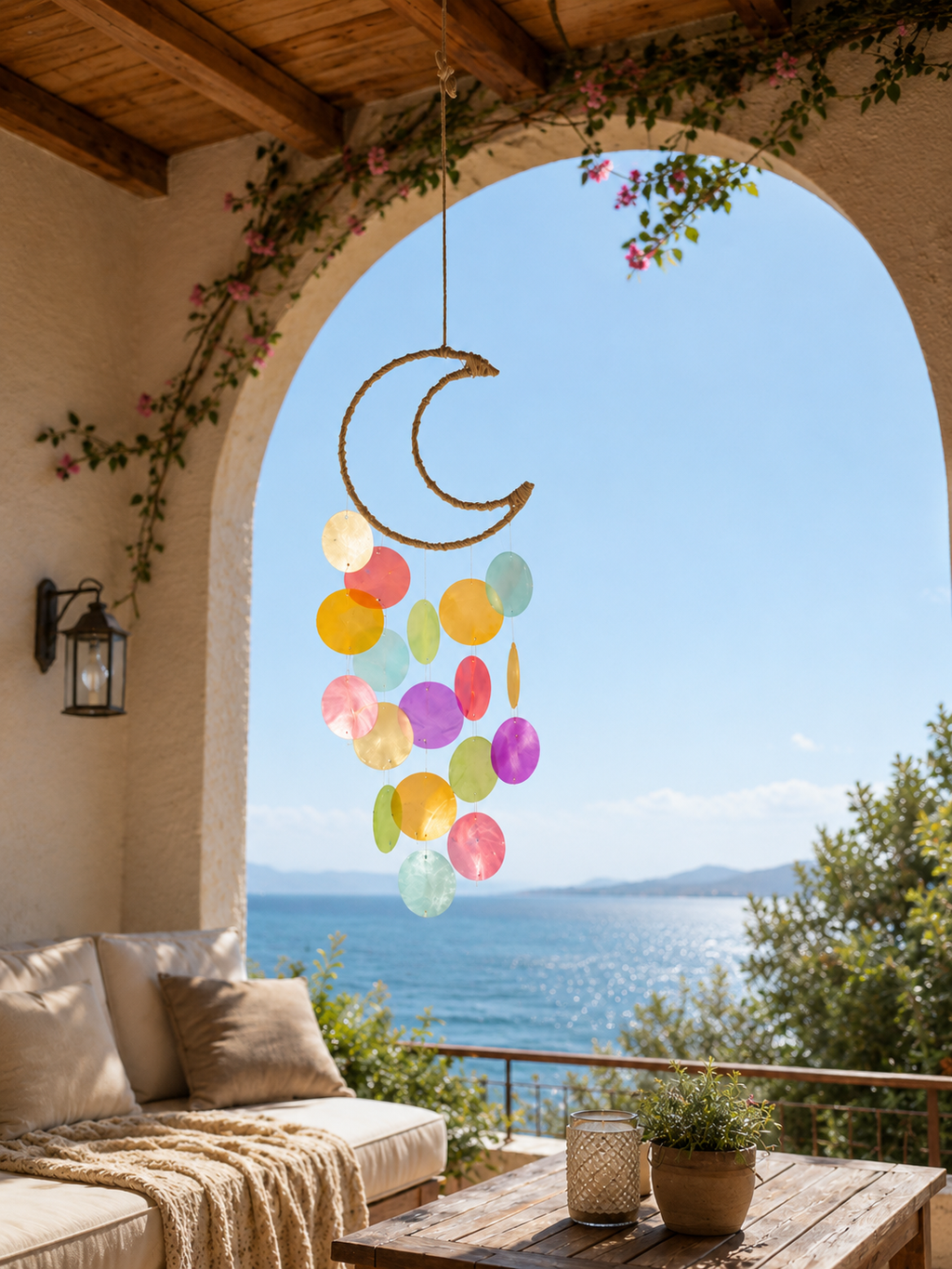 Móvil Decorativo Luna de Macramé con Discos de Nácar