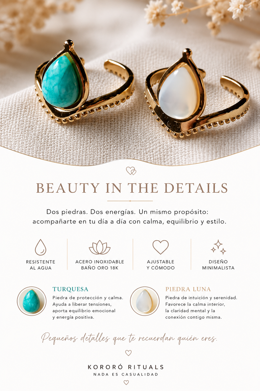 Anillo Ajustable de Turquesa o Piedra Luna | Acero Inoxidable
