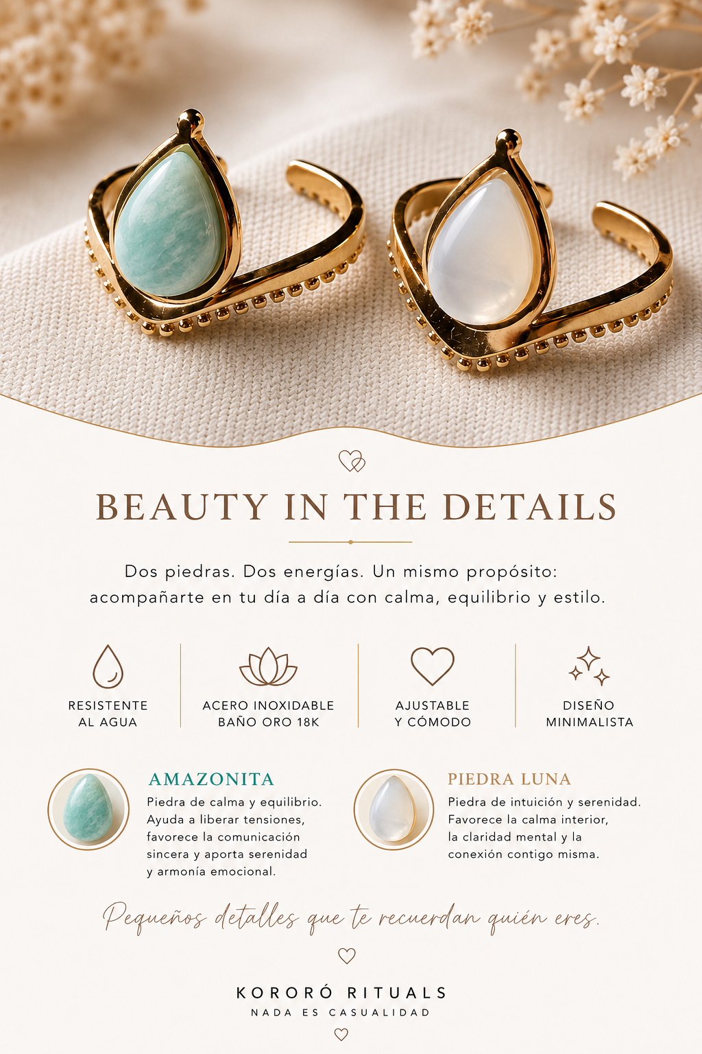 Anillo Ajustable de Amazonita o Piedra Luna | Acero Inoxidable